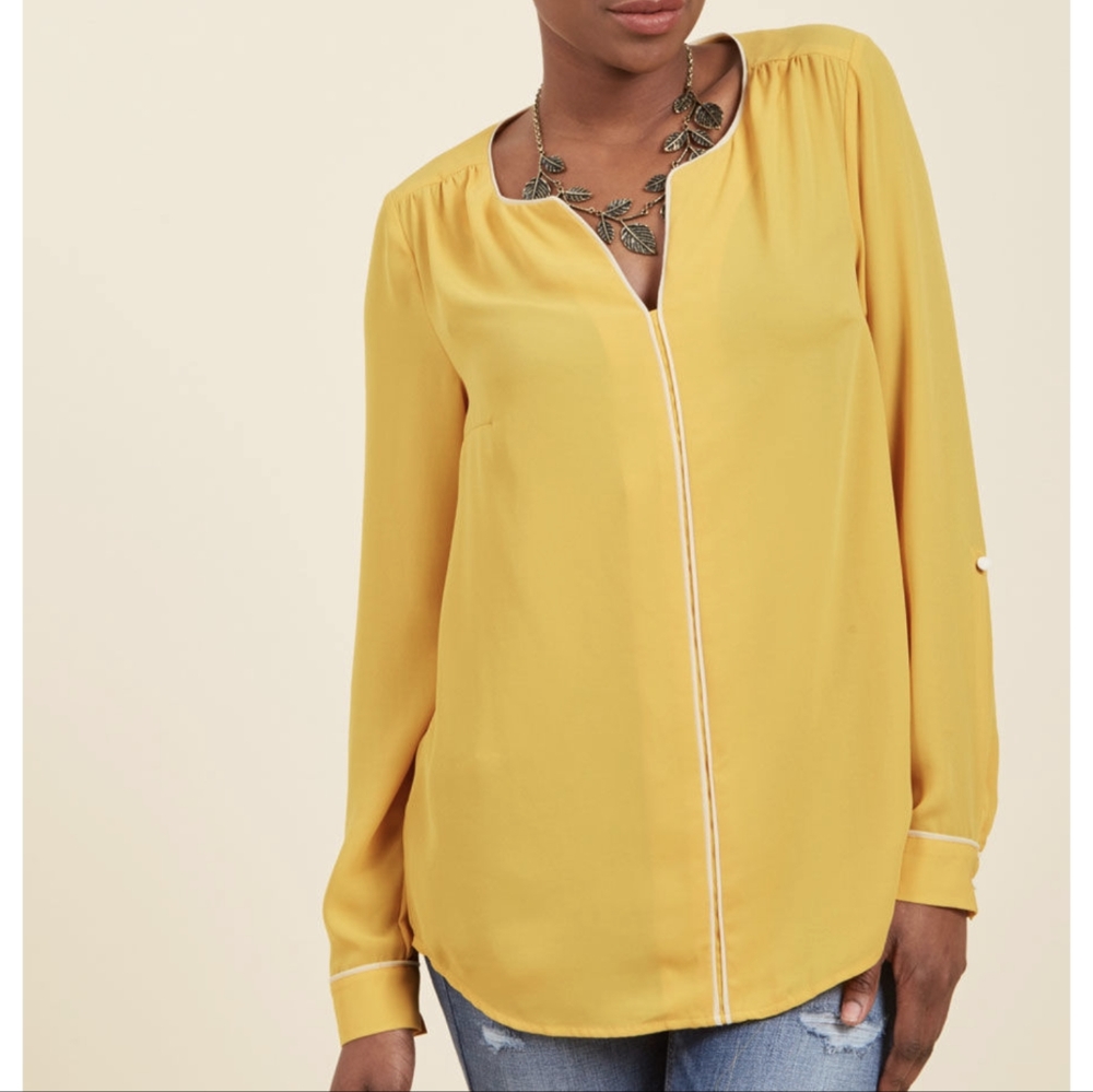 Modcloth Podcast Cohost Mustard Yellow Blouse with White Trim